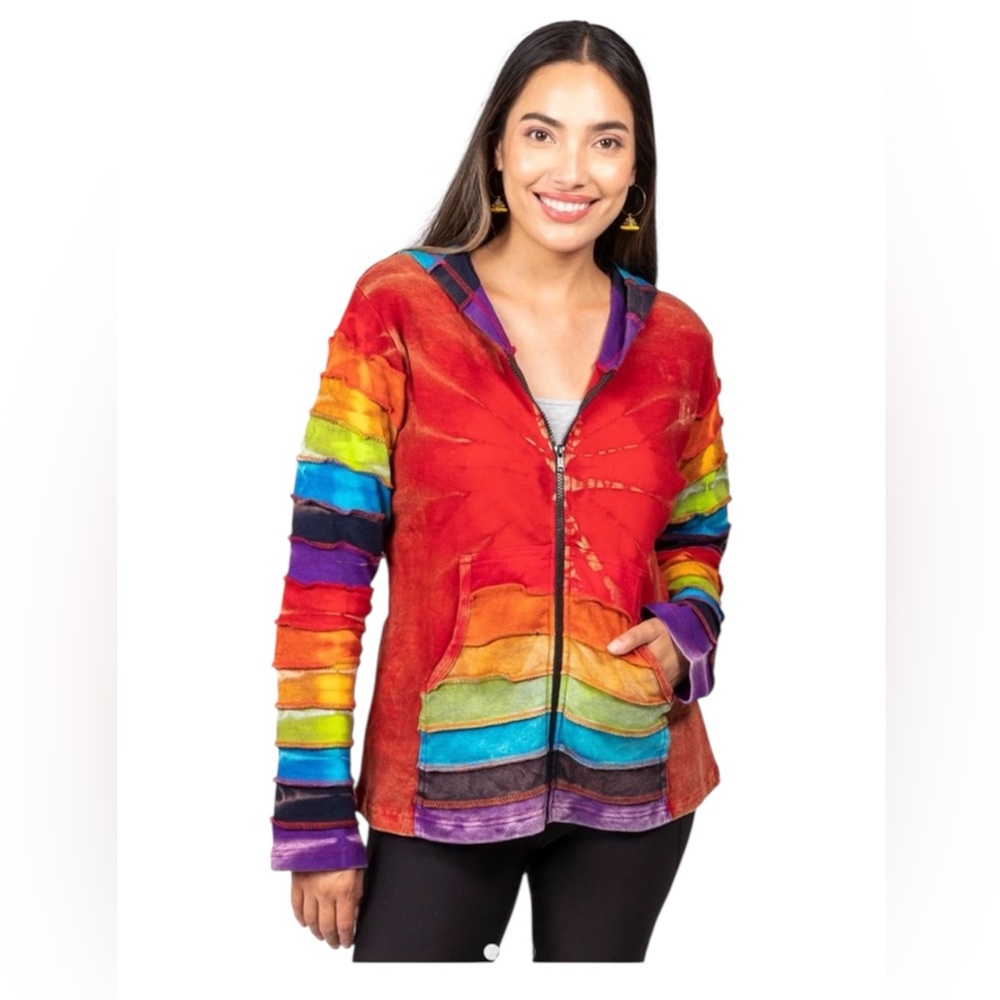 Windhorse Multicolor Patchwork Hoodie Zip  Handcraft Artisan Nepal Boho Jacket L